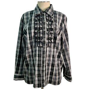 Fred David Black & White Plaid Button-Up Shirt  Ruffle Detail Size 0X